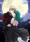  aqua_hair arm_grab backless_outfit bishoujo_senshi_sailor_moon black_dress black_gloves black_shirt blonde_hair blue_eyes cloud couple dress elbow_gloves full_moon gloves kaiou_michiru long_hair looking_at_another mizuki_mario moon multiple_girls necktie night shirt short_hair strapless strapless_dress ten'ou_haruka very_short_hair yuri 