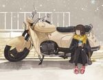  black_legwear brown_eyes brown_hair can gemi ground_vehicle motor_vehicle motorcycle original pantyhose parody scarf sitting smile snowflakes snowing soda_can solo style_parody 