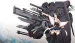  bare_shoulders beam_gun big.g blue_eyes boots detached_sleeves glasses green_eyes hairband japanese_clothes kantai_collection kirishima_(kantai_collection) long_sleeves nontraditional_miko outstretched_arm pleated_skirt pointing ribbon-trimmed_sleeves ribbon_trim short_hair skirt solo thigh_boots thighhighs wide_sleeves 