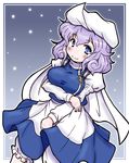  apron bloomers blue_eyes blush breasts eruru_(erl) hat highres large_breasts lavender_hair letty_whiterock long_sleeves scarf short_hair skirt smile solo touhou underwear vest white_scarf 