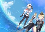  3girls ;) bismarck_(kantai_collection) black_gloves black_legwear black_skirt blonde_hair blue_eyes blue_sky breasts capelet cloud covered_navel day dutch_angle gloves graf_zeppelin_(kantai_collection) grey_hat grey_legwear hand_on_hip highres index_finger_raised jacket kantai_collection katee large_breasts long_hair looking_at_viewer miniskirt multiple_girls necktie ocean one_eye_closed outdoors pantyhose pleated_skirt prinz_eugen_(kantai_collection) short_necktie skirt sky smile thighhighs twintails white_capelet white_gloves white_jacket 