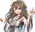  ;d absurdres armpits bad_id bad_pixiv_id brown_hair detached_sleeves hair_ornament highres japanese_clothes kantai_collection kongou_(kantai_collection) long_hair long_sleeves looking_at_viewer nontraditional_miko one_eye_closed open_mouth purple_eyes ribbon-trimmed_sleeves ribbon_trim sash simple_background smile solo velia very_long_hair white_background wide_sleeves 