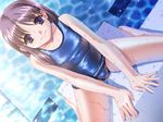  blue_eyes brown_hair game_cg hiiro_yuki long_hair nanashima_matsuri one-piece_swimsuit school_swimsuit sitting solo sunlight swimsuit wariza water wet wet_clothes wet_swimsuit yuuguu_settai 