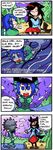  4koma animal_ears bare_shoulders black_hair blue_eyes blue_hair comic commentary explosive fang finnish imaizumi_kagerou mermaid mine_(weapon) monster_girl multiple_girls naval_mine red_eyes scales setz standing swedish touhou translated wakasagihime wolf_ears 