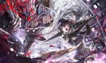  armor black_hair gray_hair horns petals pixiv_fantasia pointed_ears red_eyes sakazu_mekasuke sword weapon 