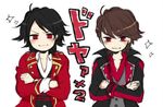  black_hair brown_hair captain_marvelous crossed_arms crossover jacket kaizoku_sentai_gokaiger kamen_rider kamen_rider_gaim_(series) kumon_kaito multiple_boys red_eyes ririko_(ririva) smirk sparkle super_sentai upper_body 