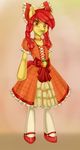  apple_bloom_(mlp) bow clothed clothing cub dress equine female feral friendship_is_magic fruit fur hair horse legwear long_hair looking_at_viewer mammal mantathemisukitty misukitty my_little_pony open_mouth pony red_hair shoes smile solo standing stockings young 