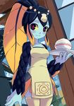  apron blue_skin bowl fish_girl food highres minette_(skullgirls) monster_girl multicolored multicolored_eyes omaehadareda-uso pink_eyes rice shell skullgirls smile solo waitress yellow_sclera 