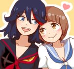  applebrown bad_id bad_pixiv_id black_hair blue_eyes blue_sailor_collar blush brown_eyes brown_hair eye_contact heart kill_la_kill looking_at_another mankanshoku_mako matoi_ryuuko multiple_girls sailor_collar school_uniform senketsu smile yuri 