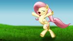  16:9 cutie_mark equine eyes_closed female feral fluttershy_(mlp) friendship_is_magic fur grass hair happy horse mammal my_little_pony open_mouth outside pegasus pink_hair pony running sky solo wings yellow_fur 