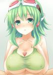  blush breasts censored goggles goggles_on_head green_eyes green_hair green_shirt gumi hands_on_own_chest headphones large_breasts long_hair looking_at_viewer megpoid_(vocaloid3) nail_polish open_mouth paizuri paizuri_under_clothes penis shirt short_hair solo_focus tank_top toppiroki vocaloid 