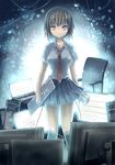  artificial_vagina bad_id bad_pixiv_id black_legwear brown_eyes brown_hair chair highres keyboard_(computer) kneehighs looking_at_viewer monitor necktie original school_uniform short_hair skirt smile solo ubizo 