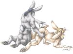  anthro blonde_hair breasts butt doggystyle eyes_closed female from_behind hair lagomorph mabnoggy male mammal muscles nude open_mouth rabbit sex sinistervibe straight traditional_media 