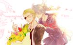  1girl birthday blonde_hair bouquet braid closed_eyes danganronpa eyepatch flower glasses hug hug_from_behind kuru_(kzyr) kuzuryuu_fuyuhiko long_hair necktie pekoyama_peko school_uniform serafuku skirt smile spoilers super_danganronpa_2 twin_braids white_hair 