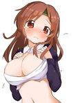  blush breasts brown_eyes brown_hair chiyoda_(kantai_collection) cleavage full-face_blush headband kantai_collection large_breasts long_hair looking_at_viewer muku_(muku-coffee) navel shiny shiny_skin simple_background solo tears torn_clothes white_background 