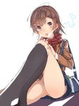  ahoge bad_id bad_pixiv_id bag biribiri blazer brown_eyes brown_hair electricity fenrirr jacket kneehighs misaka_mikoto no_panties perspective scarf school_uniform short_hair skirt solo to_aru_majutsu_no_index 