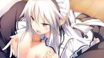  1girl aka-san_to_kyuuketsuki areolae blush breast_squeeze breasts breasts_outside censored game_cg grey_hair highres kuwashima_rein large_breasts maid maid_headdress nipples no_bra open_mouth paizuri penis short_hair sitting 