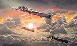  airplane choujikuu_yousai_macross cloud condensation_trail dusk flying i.t.o_daynamics jet lens_flare macross mecha no_humans ocean realistic science_fiction sun u.n._spacy variable_fighter vf-1 