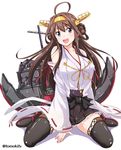  :d ahoge bare_shoulders blush boots brown_hair detached_sleeves double_bun frilled_skirt frills hair_ornament hairband headgear japanese_clothes kantai_collection kongou_(kantai_collection) long_hair nontraditional_miko open_mouth pleated_skirt ribbon-trimmed_sleeves ribbon_trim skirt smile solo thigh_boots thighhighs tomokichi zettai_ryouiki 