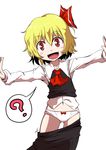  ? blonde_hair bow fangs hair_bow hair_ribbon midori_niku open_mouth outstretched_arms red_eyes ribbon rumia shirt short_hair skirt skirt_pull smile solo touhou vest 