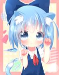  :3 akisha animal_ears bad_id bad_pixiv_id blue_eyes blue_hair bow cat_ears cat_tail cirno dress hair_bow heart ice kemonomimi_mode looking_at_viewer short_hair smile solo tail touhou wings 