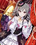  artist_request beads blush clothes_rack curtain_grab curtains dress drill_hair finger_to_chin fleur_de_lis frills hair_ribbon hat idolmaster idolmaster_cinderella_girls jewelry kanzaki_ranko light_smile mini_hat mirror necklace official_art red_eyes ribbon silver_hair sparkle twin_drills twintails wardrobe 