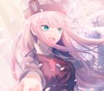  1girl :d blue_eyes darling_in_the_franxx day eyebrows_visible_through_hair floating_hair hat highres long_hair long_sleeves nomuraumu open_mouth outdoors outstretched_arms pink_hair shiny shiny_hair smile solo upper_body very_long_hair zero_two_(darling_in_the_franxx) 