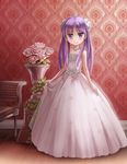  bangs bare_arms bare_shoulders bench dress flat_chest flower full_body hair_over_shoulder hair_ribbon highres hiiragi_kagami jewelry long_hair looking_at_viewer lucky_star necklace plant purple_eyes purple_hair ribbon skirt_hold smile solo standing strapless strapless_dress sunimu twintails vase wallpaper_(object) white_dress wooden_floor 