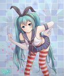  :t aqua_eyes artist_name bad_id bad_pixiv_id bent_over cosplay elbow_gloves gloves green_hair hair_ribbon hand_on_hip hatsune_miku highres kantai_collection long_hair reki_(lichk) ribbon shimakaze_(kantai_collection) shimakaze_(kantai_collection)_(cosplay) skirt solo thighhighs twintails very_long_hair vocaloid 