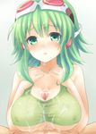  blush breasts censored cum cum_on_body cum_on_breasts cum_on_clothes cum_on_hair cum_on_upper_body facial goggles goggles_on_head green_eyes green_hair green_shirt gumi hands_on_own_chest headphones large_breasts long_hair looking_at_viewer megpoid_(vocaloid3) nail_polish nipples nude open_mouth paizuri paizuri_under_clothes penis shirt short_hair solo_focus tank_top toppiroki vocaloid 