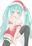  blush green_eyes green_hair gumo hat hatsune_miku long_hair off_shoulder santa_costume santa_hat sitting solo thighhighs tongue twintails very_long_hair vocaloid white_background 