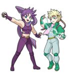  blonde_hair blue_eyes bola_(weapon) bubble caesar_anthonio_zeppeli facial_mark fingerless_gloves gloves green_eyes green_jacket headband jacket jojo_no_kimyou_na_bouken joseph_joestar_(young) matsuda65 midriff multiple_boys parody pokemon pokemon_(game) pokemon_xy purple_hair scarf style_parody 