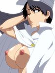  1girl bambietta_basterbine black_hair bleach bleach:_the_thousand-year_blood_war breasts cape highres kh-fullhouse large_breasts long_hair nipples open_mouth solo wink 