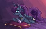  bed blue_eyes bow crown cutie_mark edyouassbaka equine female friendship_is_magic grumpy horn horse looking_at_viewer lying mammal my_little_pony necklace pillow pony ponytail princess_luna_(mlp) solo sparkles winged_unicorn wings 