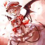  banned_artist bat_wings dress flower hat hat_ribbon kozou_(soumuden) looking_at_viewer mob_cap one_eye_closed petals pink_dress red_eyes red_flower red_rose remilia_scarlet ribbon rose silver_hair smile solo touhou wings wrist_cuffs 