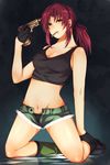  black_lagoon cigarette female gloves green_eyes gun gun_to_head kneeling long_hair looking_at_viewer navel pecotank ponytail red_hair revy revy_(black_lagoon) shorts solo tank_top weapon 