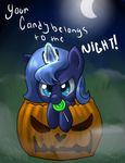  blue_eyes blue_hair candy crown dialog english_text equine female friendship_is_magic glowing grass hair horn horse kakashischika lollipop magic mammal moon my_little_pony night outside pony princess_luna_(mlp) pumpkin solo sparkles stars text winged_unicorn wings young 