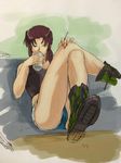  alcohol beer black_lagoon boots breasts brown_eyes brown_hair cigarette denim denim_shorts drinking full_body long_hair medium_breasts ponytail revy_(black_lagoon) shorts solo tank_top youken 