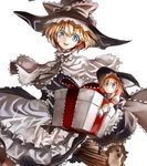  adapted_costume alice_margatroid apron banned_artist blonde_hair blue_eyes blue_hair blush bow box broom capelet cosplay doll dress gift hairband hat kirisame_marisa kirisame_marisa_(cosplay) kozou_(soumuden) long_hair ribbon shanghai_doll short_hair skirt smile touhou witch_hat 