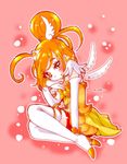  arm_warmers bike_shorts boots bow bowtie brooch character_name cure_sunny full_body hair_bun highres hino_akane_(smile_precure!) jewelry magical_girl orange_(color) orange_eyes orange_hair orange_skirt pink_background precure ramune02 short_hair shorts shorts_under_skirt skirt smile_precure! solo thigh_boots thighhighs white_legwear 