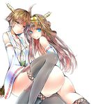  ahoge ass bad_id bad_pixiv_id bare_shoulders blue_eyes boots brown_eyes brown_hair detached_sleeves double_bun hair_ornament hairband hiei_(kantai_collection) highres japanese_clothes kantai_collection kongou_(kantai_collection) leg_between_thighs licking_lips long_hair looking_at_viewer multiple_girls nontraditional_miko open_mouth short_hair thigh_boots thighhighs tongue tongue_out uko_magi 
