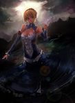  alternate_costume artoria_pendragon_(all) bare_shoulders blonde_hair blue_eyes breasts cleavage cloud detached_sleeves dress fate/stay_night fate_(series) medium_breasts mountain riftgarret saber short_hair sky solo 