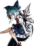 banned_artist blue_dress blue_eyes blue_hair bow cirno dress food hair_bow ice ice_wings kozou_(soumuden) looking_at_viewer mouth_hold popsicle puffy_sleeves red_eyes short_sleeves sitting solo touhou wings 