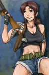  1girl armpit_holster black_lagoon brown_hair denim denim_shorts gun highres holster mimiyama_kiichi mimiyamakiichi navel revy revy_(black_lagoon) shorts sitting solo tank_top tattoo weapon 