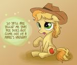 blonde_hair braeburn_(mlp) cowboy_hat cutie_mark dialog english_text equine friendship_is_magic green_eyes hair hat horse male mammal my_little_pony na&#239;ve na&iuml;ve pony sitting sketchyjackie solo text two_tone_hair young 