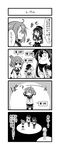  4koma akatsuki_(kantai_collection) comic folded_ponytail greyscale hair_ornament hairclip hat hibiki_(kantai_collection) ikazuchi_(kantai_collection) inazuma_(kantai_collection) kantai_collection long_hair monochrome multiple_girls pantyhose school_uniform serafuku short_hair skirt thighhighs translated yuuji 