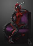  breasts claws digitigrade female hair horn lizard looking_at_viewer lounge navel nipples nude red_eyes red_hair reptile scalie sitting solo stripes 