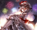  banned_artist bat_wings bloomers dress fireworks gloves hat hat_ribbon kozou_(soumuden) light_smile mob_cap pink_dress puffy_sleeves red_eyes remilia_scarlet ribbon short_sleeves silver_hair sitting solo touhou underwear white_background wings 