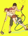  1girl bad_id bad_pixiv_id barefoot broom brown_eyes brown_hair cargo_pants catching free! hose itoko_(nicon85) long_hair matsuoka_gou pants plantar_flexion ponytail red_eyes red_hair sandals shirtless shoe_dangle shoes shorts simple_background single_shoe tachibana_makoto yellow_background 