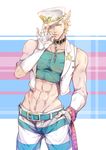  abs alternate_costume bad_id bad_pixiv_id blonde_hair bubble bubble_blowing caesar_anthonio_zeppeli facial_mark feathers green_eyes hair_feathers hand_in_pocket hat hosho jojo_no_kimyou_na_bouken male_focus midriff muscle pants ribbon solo striped striped_pants vest 